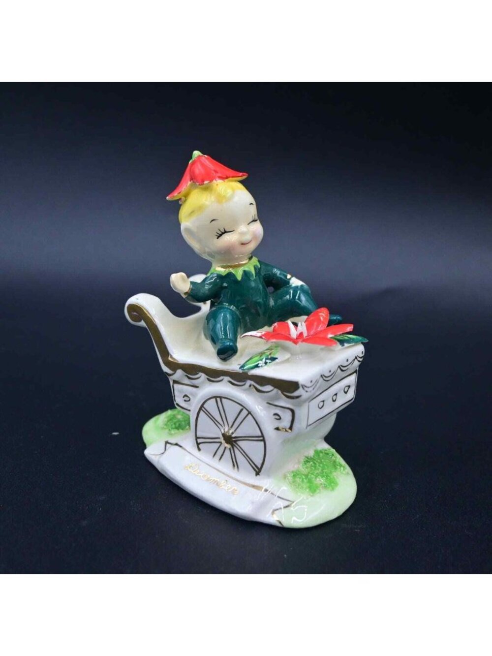 Norcrest December Poinsettia Pixie On Flowers Cart Figure Vintage F447